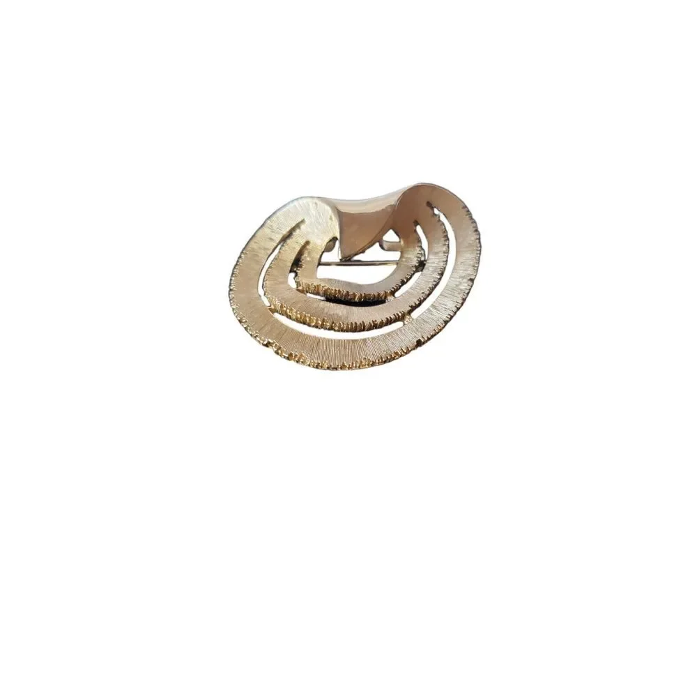 JJ Jonette Vintage Gold‎ Tone Wave Brooch Brushed Layered Late 50s/60s Art Deco